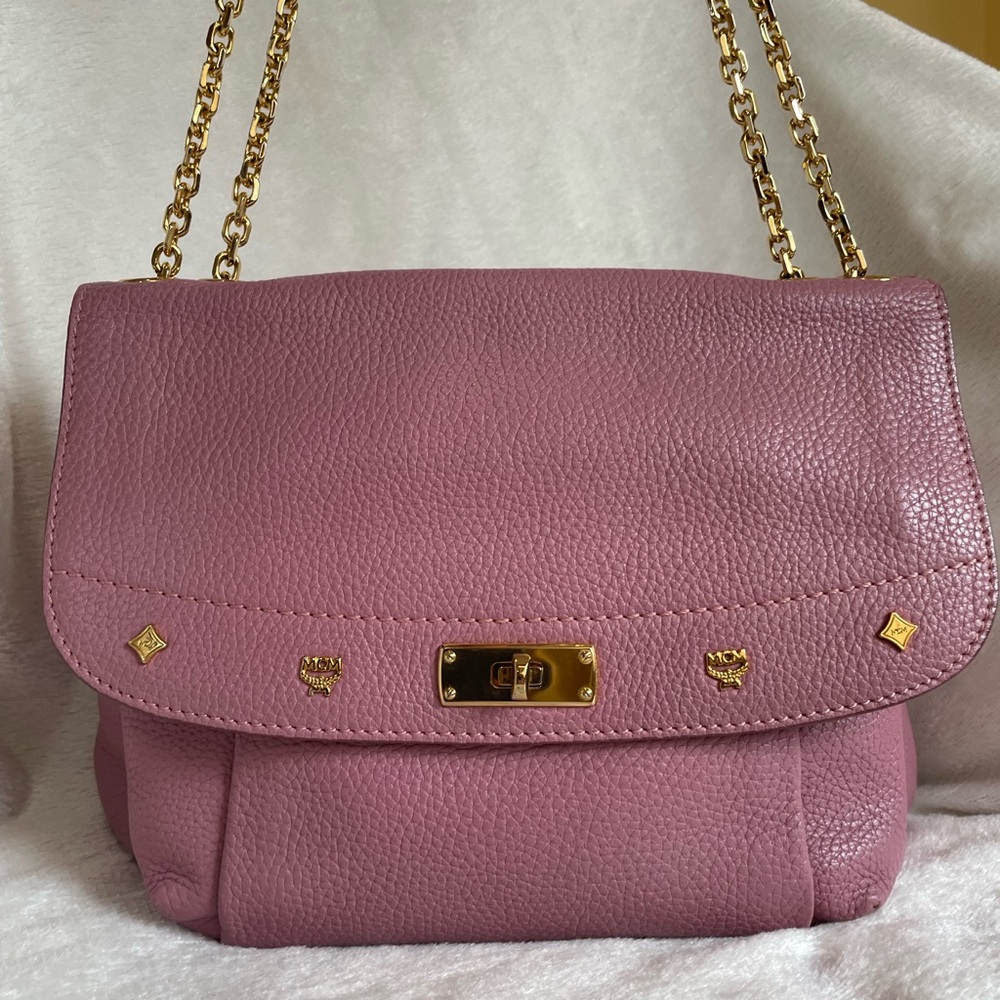 AUTHENTIC MCM Pink and Gold Leather Shoulder/Crossbody Bag with Chain Straps